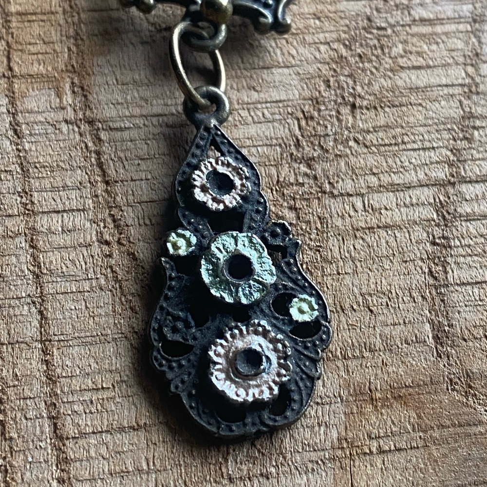 Black and Gold Vintage Assemblage Teardrop Necklace with Circular Accents - Picture 2 of 5